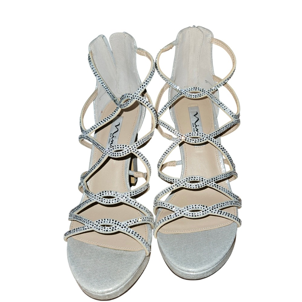 Nina New York Silver Rhinestone Strappy Block Heel Platform Sandals  Size 9M
